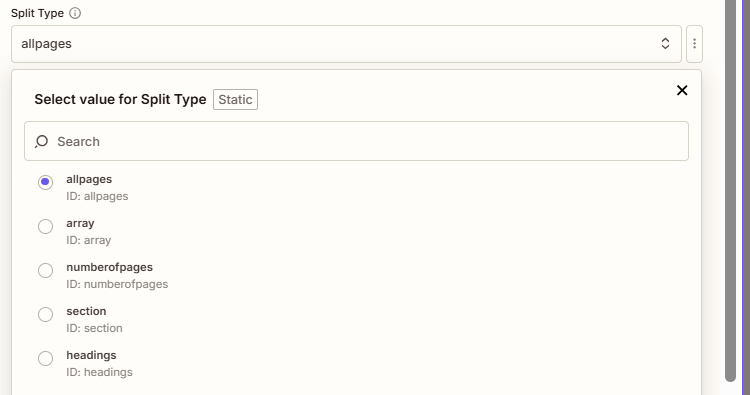 PDF4me Dividir documento Word Zapier - Menú desplegable Tipo de división que muestra todas las páginas, matriz, número de páginas, sección, encabezados